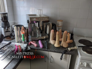 Photo of coffee machine at Mistress B Wilde's place surrounded by a collection of dildos and sex toys of all shapes sizes and colours.
