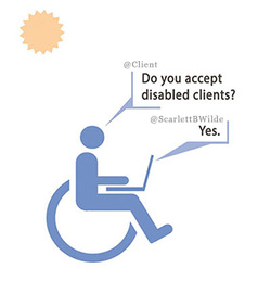 graphic of wheelchair user asking DO you accept disabled clients ? Reply is 'Yes'