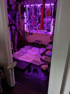 Mistress's Dirty Dungeon. Puppy pads line the floor as a queening chair sits within all the mess.