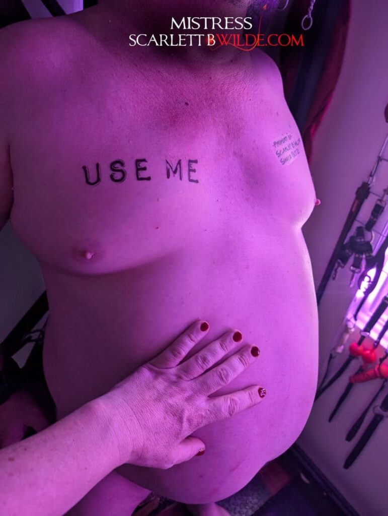 Slave stands against a St Andrews Cross, Mistress B Wilde's hand glides over his chest which has writing on it. " Use Me" and "Property of Scarlett B Wilde since 2021".