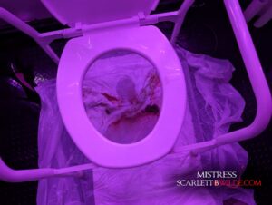 A POV of used toilet pads through a portable toilet seat. Faeces covers the floor with evidence of someone lying under the seat been used as toilet.