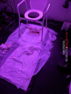 On the dungeon floor lie two used toilet pads as faeces lies under a toilet seat. Evidence of someone lying under the seat been used as toilet exists.